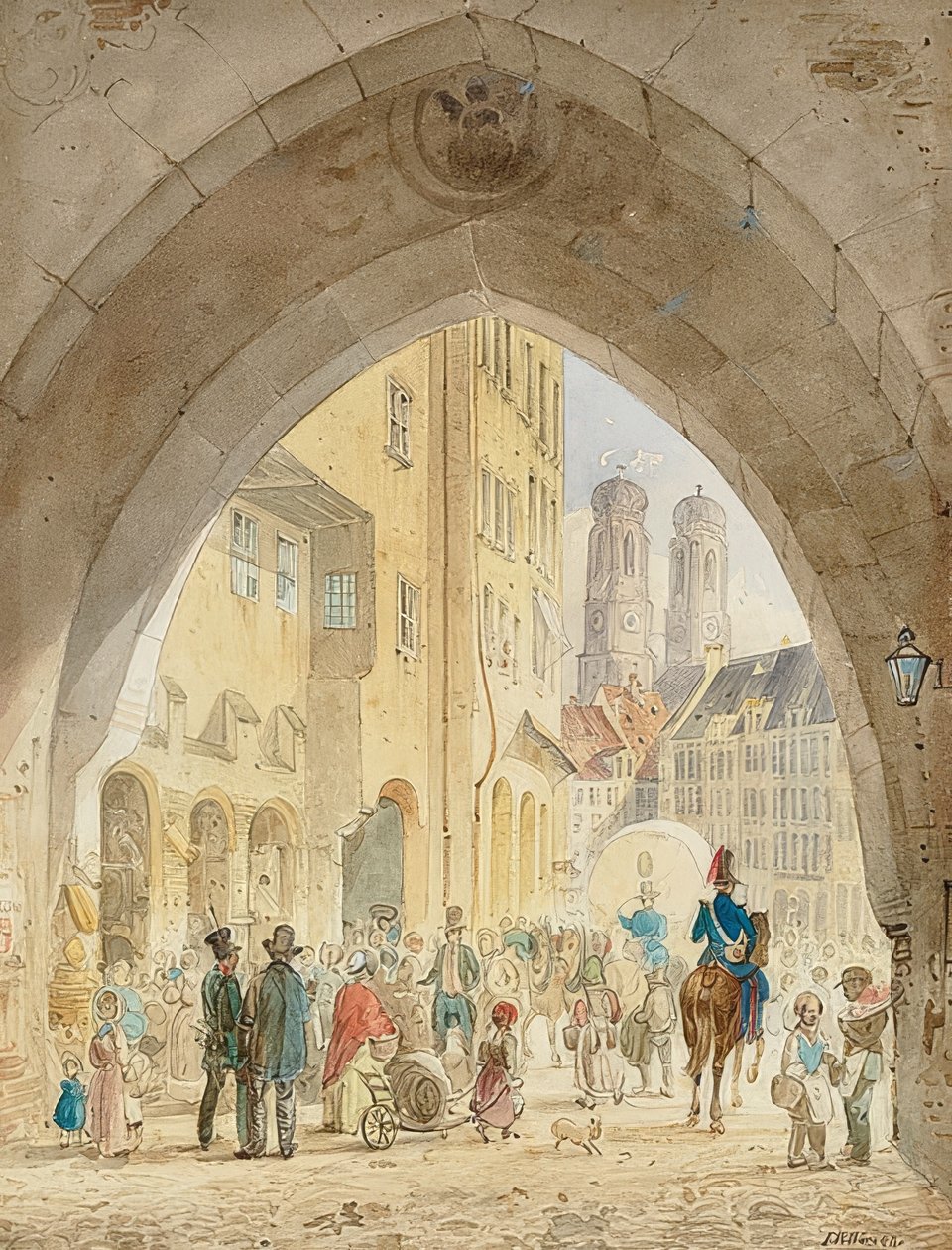 München - Näkymä vanhasta kaupungintalosta Frauenkirchen torneille. 1849 tekijältä Friedrich Eibner