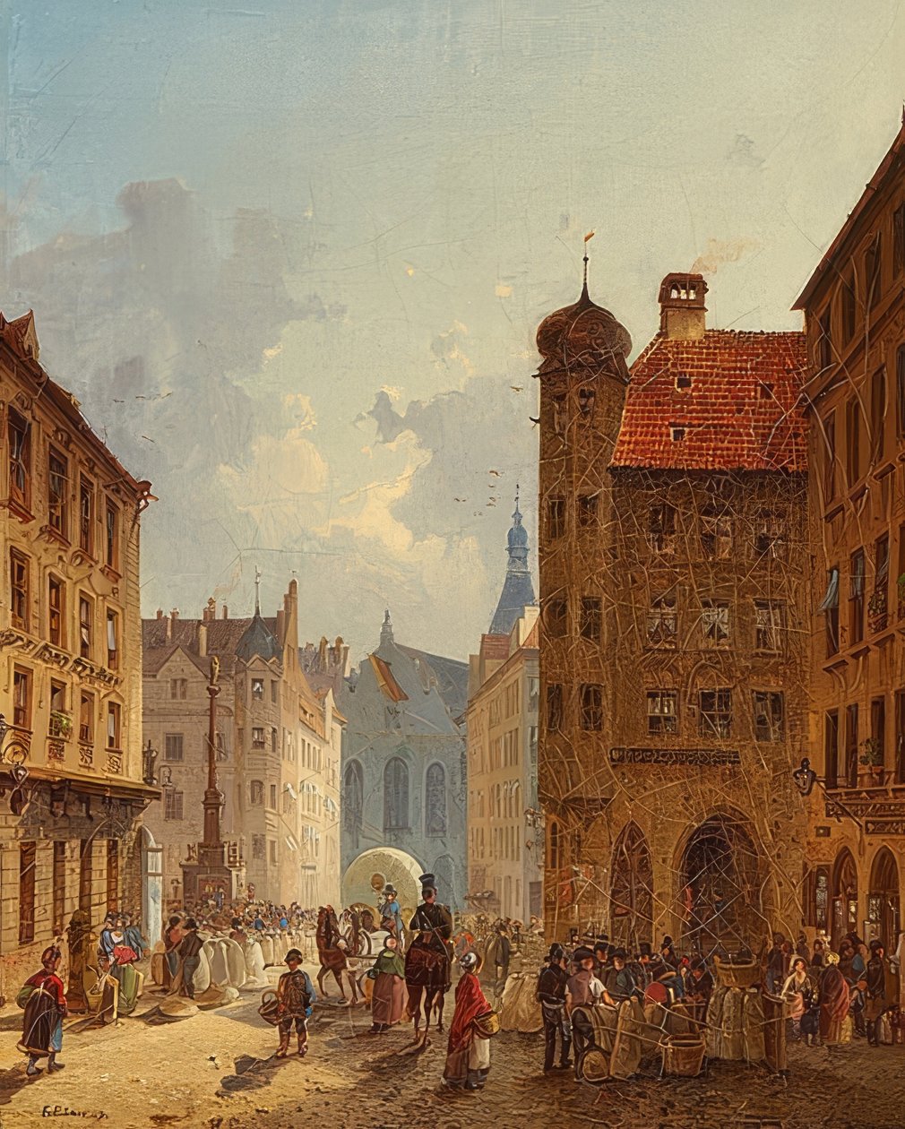 München - Näkymä vanhaan kaupungintaloon Kaufingerstrasselta. 1849 tekijältä Friedrich Eibner