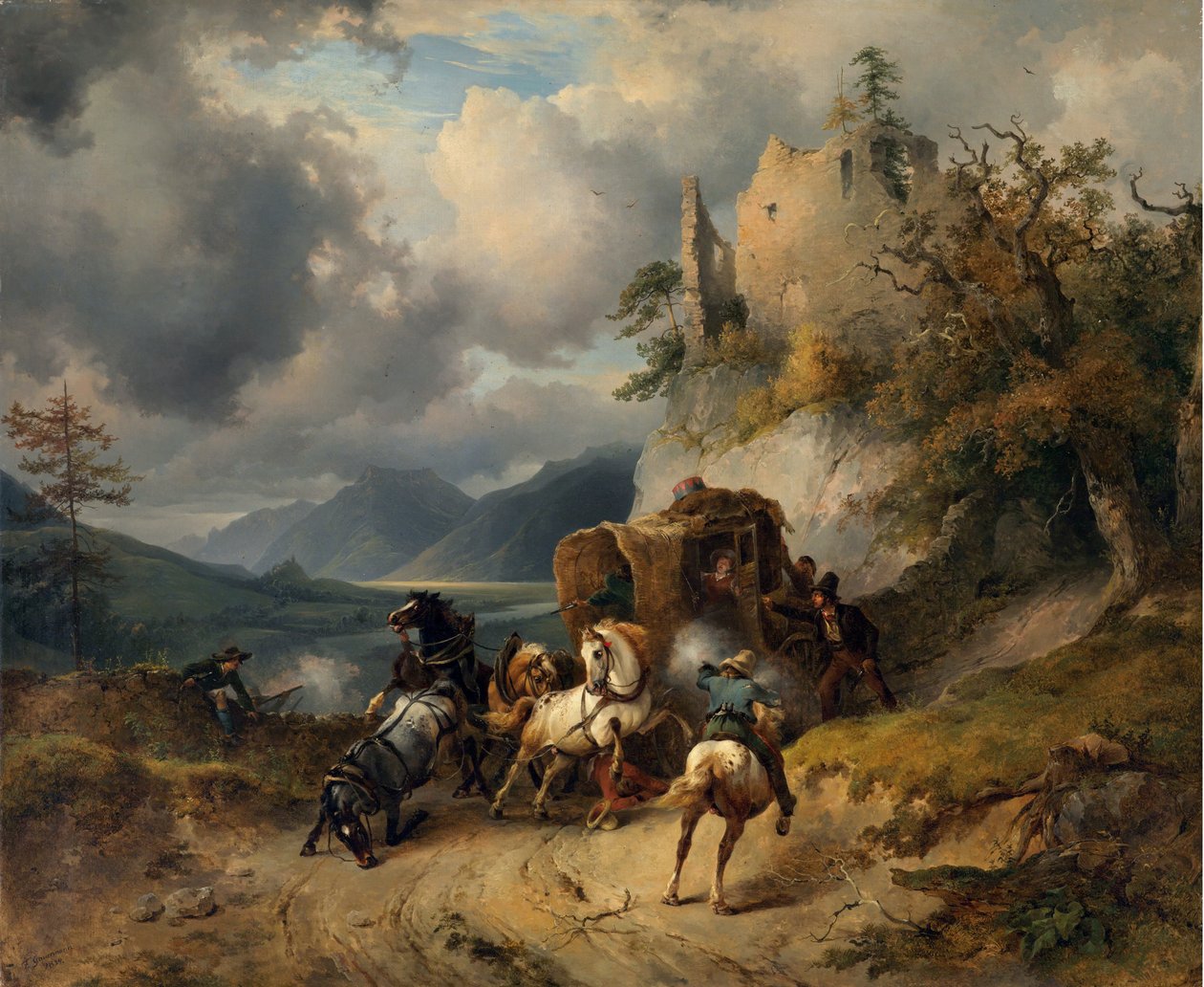 The Robbery par Gauermann, Friedrich August Matthias (1807-1862). Öljy kankaalle, koko: 60,5x74 tekijältä Friedrich Gauermann