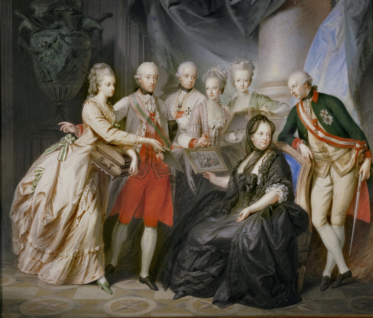 Keisarinna Maria Theresia lastensa ympäröimänä leskenruohossa miehensä, keisari Franz Stephanin kuoleman jälkeen... (maalaus kankaalle) tekijältä Friedrich Heinrich Fuger