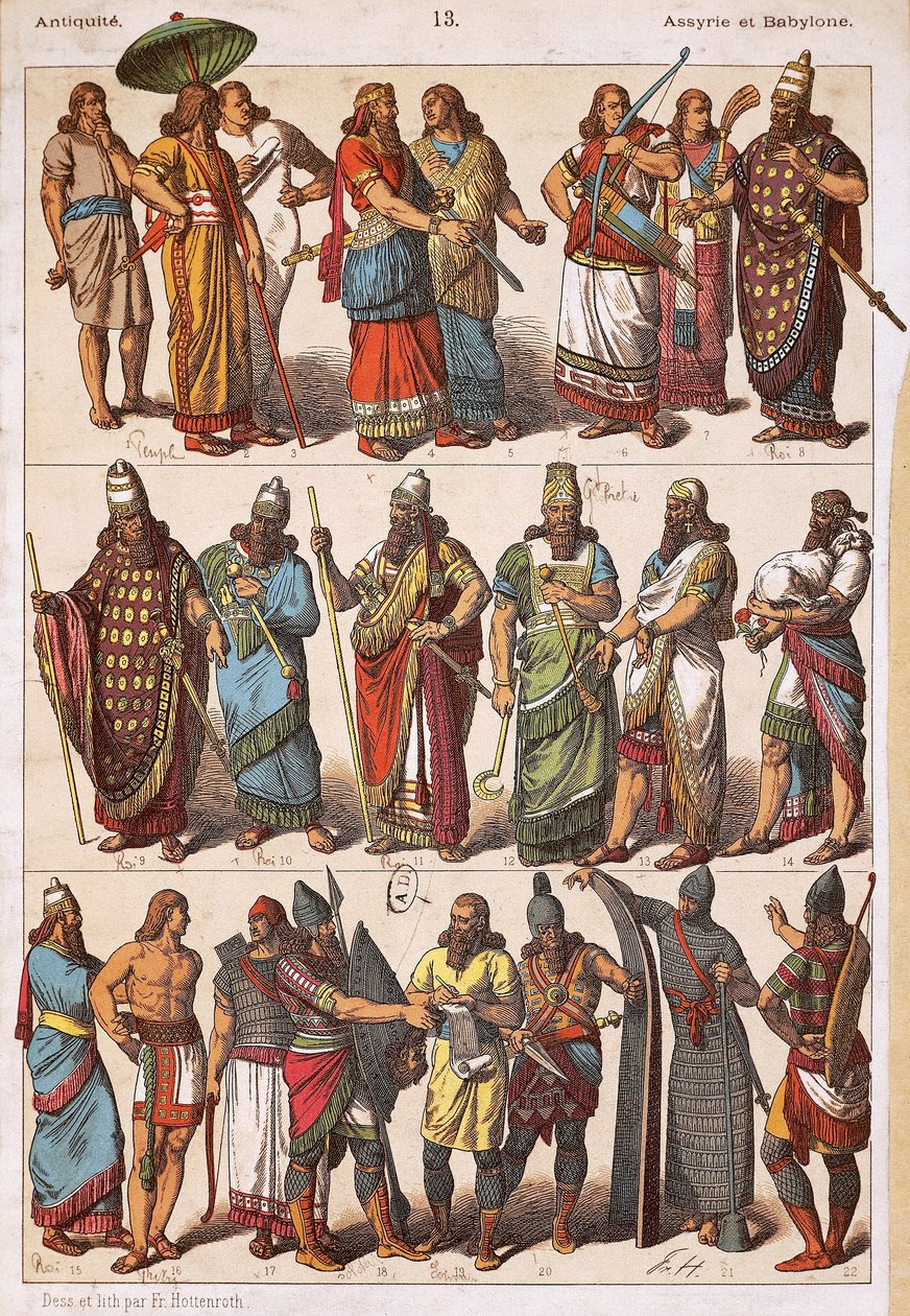 Assyrialaisten ja babylonialaisten puvut, Friedrich Hottenroth (1840-1917), litografia, assyrilais-babylonialainen sivilisaatio tekijältä Friedrich Hottenroth