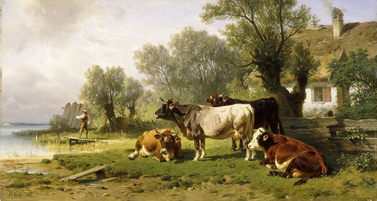 Karja pihalla joen varrella kalastajan kanssa, 1881 tekijältä Friedrich Johann Voltz