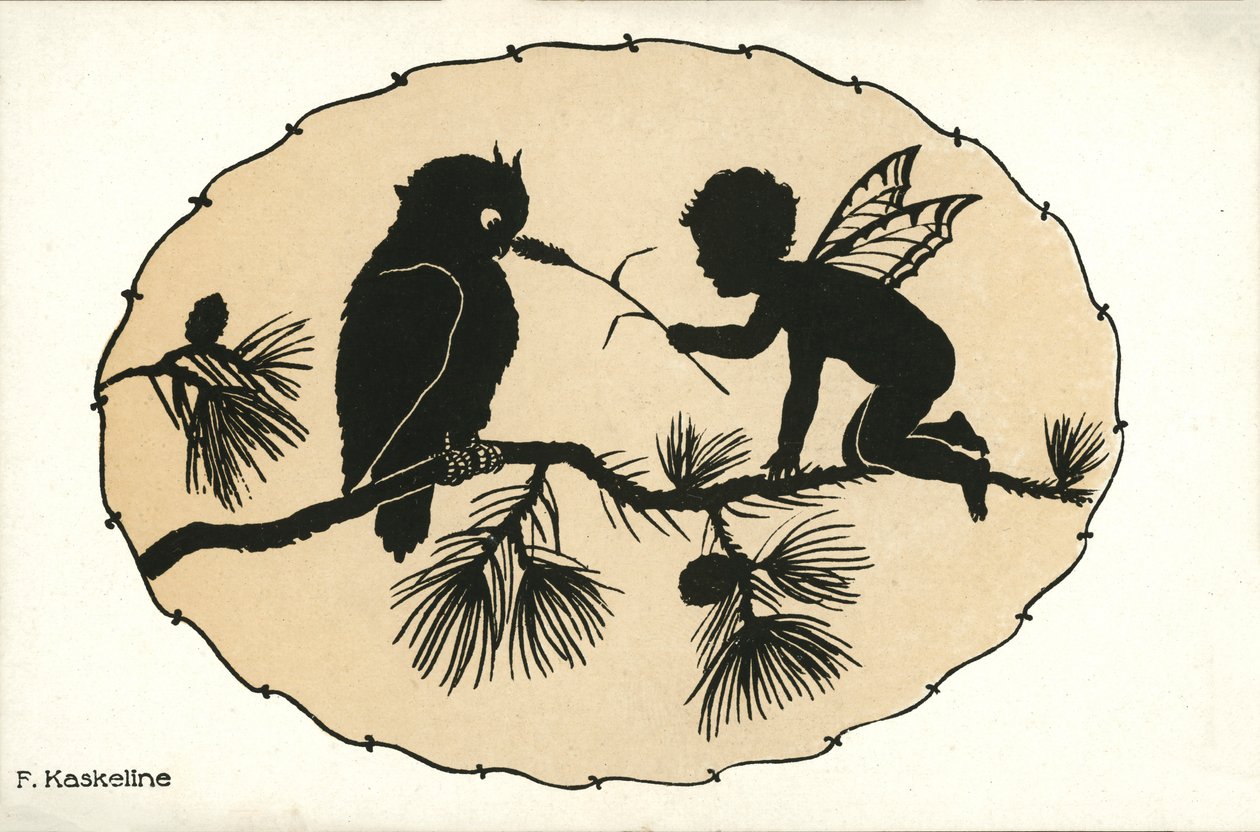Pojan ja linnun siluetti (litografia) tekijältä Friedrich Kaskeline
