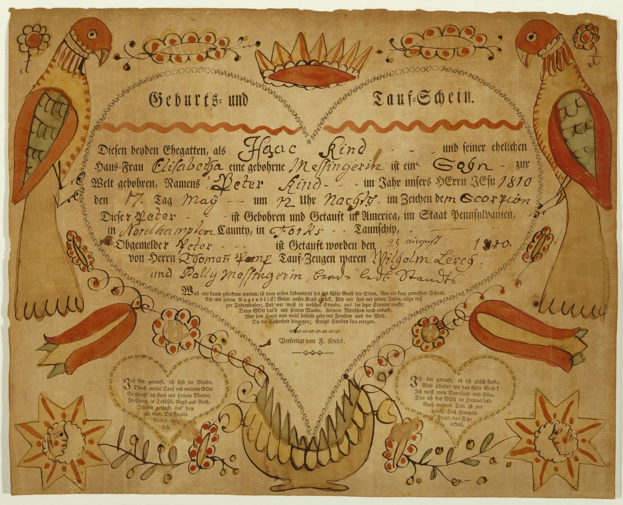 Syntymä- ja kastetodistus, n. 1790-1800 (oxgall-muste, akvarelli ja kaiverrus paperille) tekijältä Friedrich Krebs