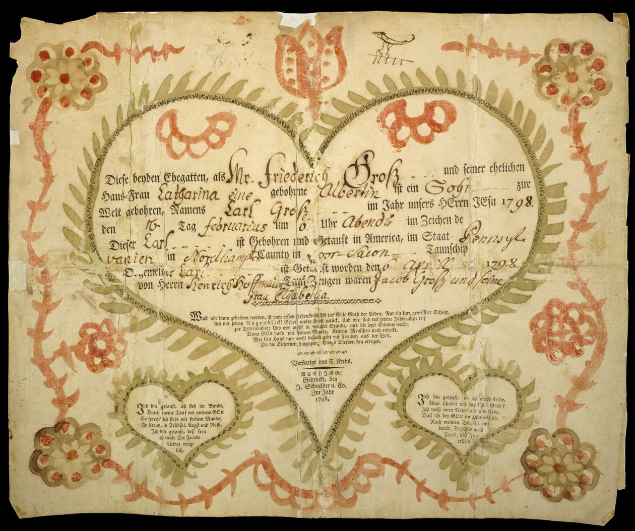 Syntymä- ja kastetodistus, n. 1800 (oxgall-muste, akvarelli ja kaiverrus paperille) tekijältä Friedrich Krebs