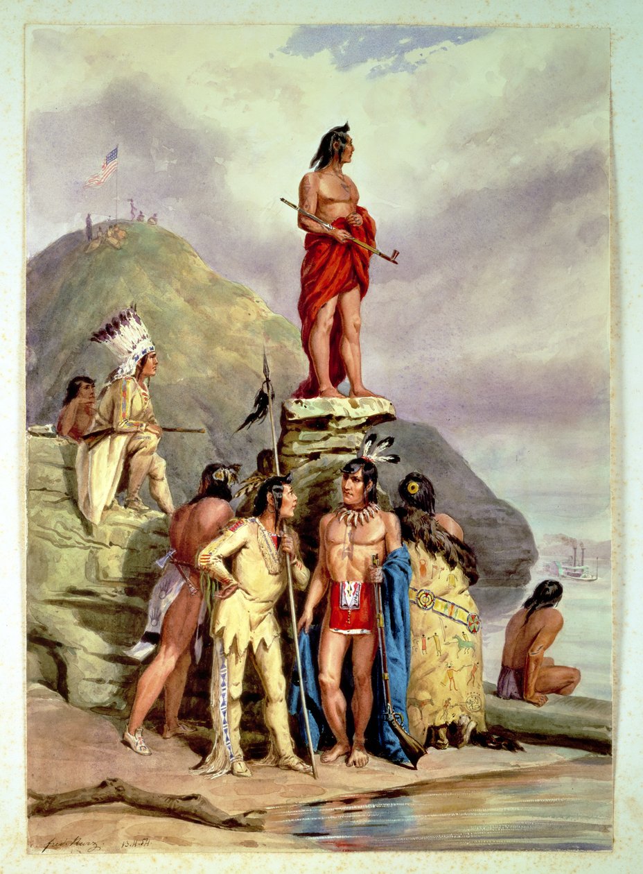 Intiaaniryhmä joen rannalla, 1854 tekijältä Friedrich Kurz