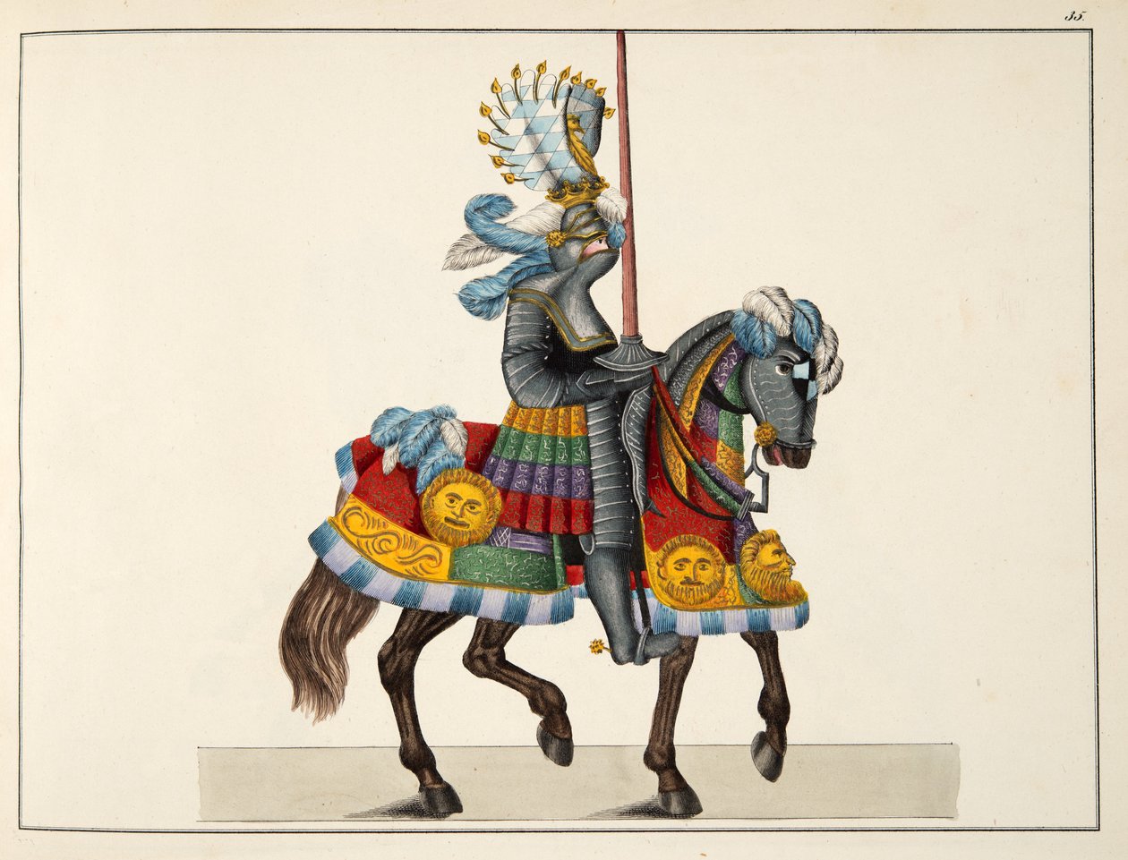 Ritari matkalla turnaukseen, lautanen tohtori Franz Kottenkampin kirjasta "A History of the Development and Customs of Chivalry", julkaisija Carl Hoffmann, 1842 tekijältä Friedrich Martin von Reibisch