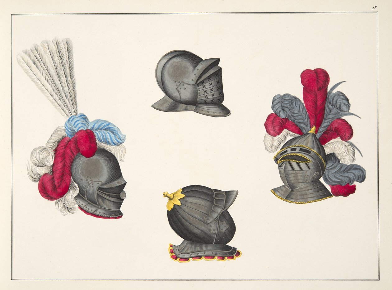 Kypärät, kuva teoksesta "A History of the Development and Customs of Chivalry", kirjoittanut tohtori Franz Kottenkamp, julkaissut Carl Hoffmann, 1842. tekijältä Friedrich Martin von Reibisch