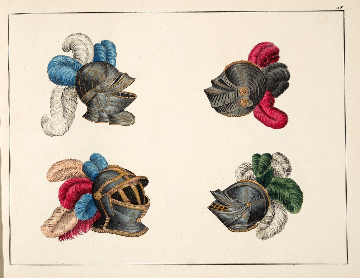 Kypärät, levy julkaisusta "A History of the Development and Customs of Chivalry", kirjoittanut tohtori Franz Kottenkamp, julkaissut Carl Hoffmann, 1842 tekijältä Friedrich Martin von Reibisch