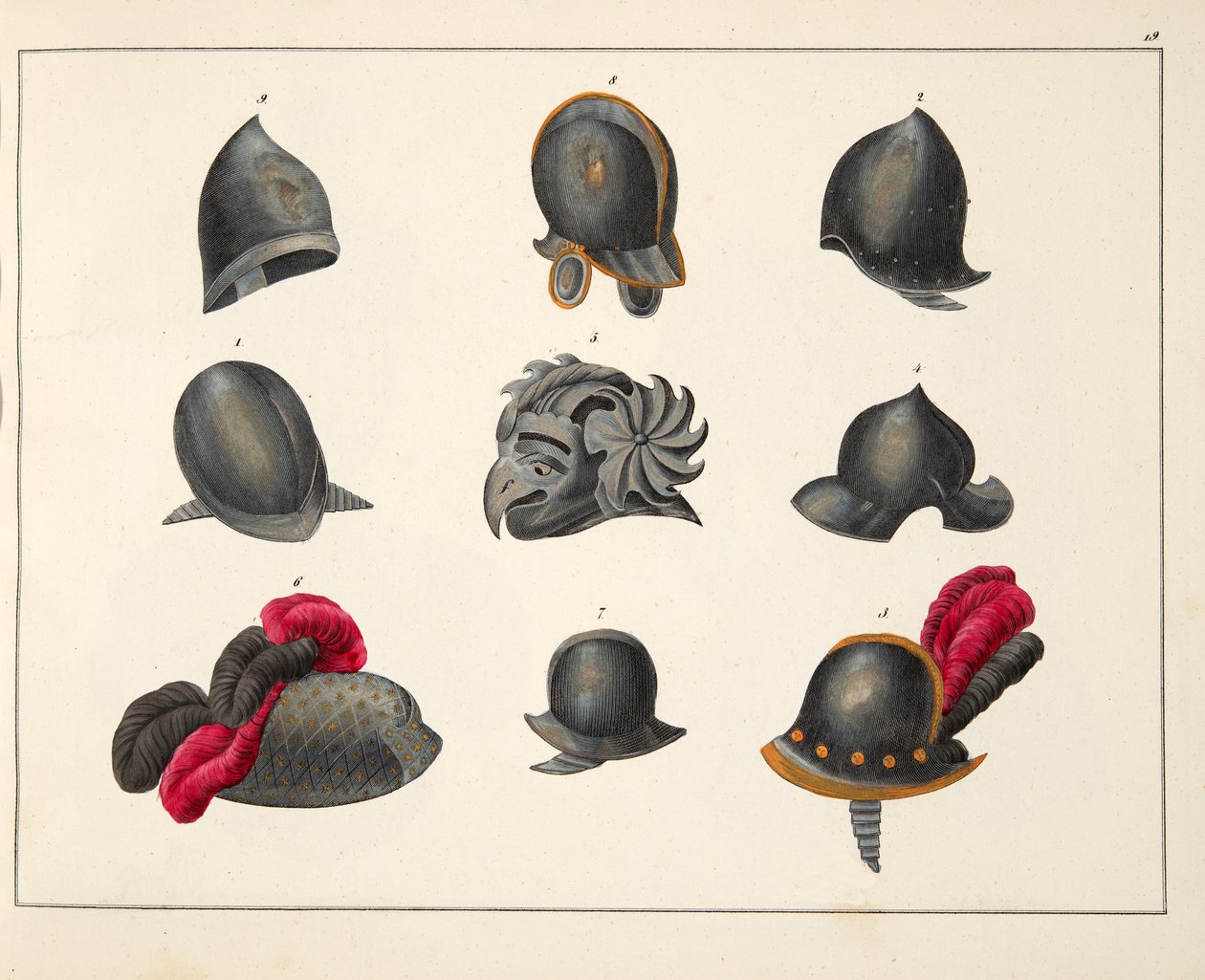 Kypärät, levy julkaisusta "A History of the Development and Customs of Chivalry", kirjoittanut tohtori Franz Kottenkamp, julkaissut Carl Hoffmann, 1842 tekijältä Friedrich Martin von Reibisch