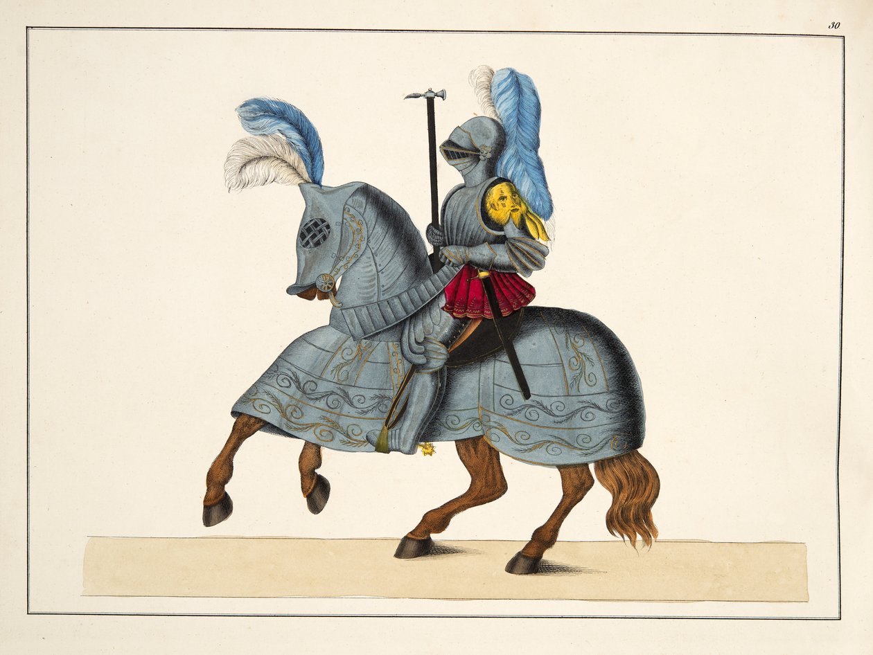 Ritari ja hevonen haarniskassa, levy julkaisusta "A History of the Development and Customs of Chivalry", kirjoittanut tohtori Franz Kottenkamp, julkaissut Carl Hoffmann, 1842 tekijältä Friedrich Martin von Reibisch