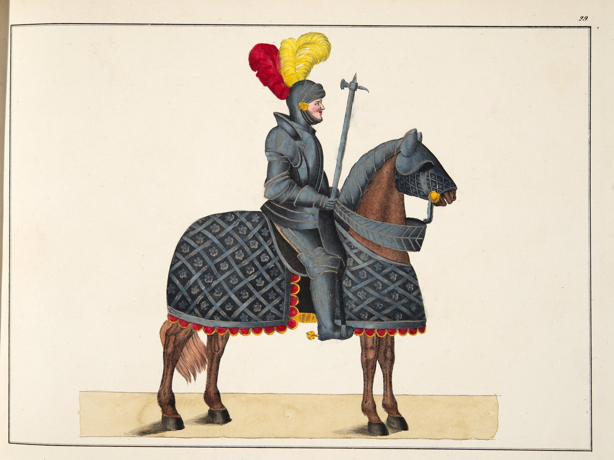 Panssariritari hevosensa selässä, levy julkaisusta "A History of the Development and Customs of Chivalry", kirjoittanut tohtori Franz Kottenkamp, julkaissut Carl Hoffmann, 1842 tekijältä Friedrich Martin von Reibisch