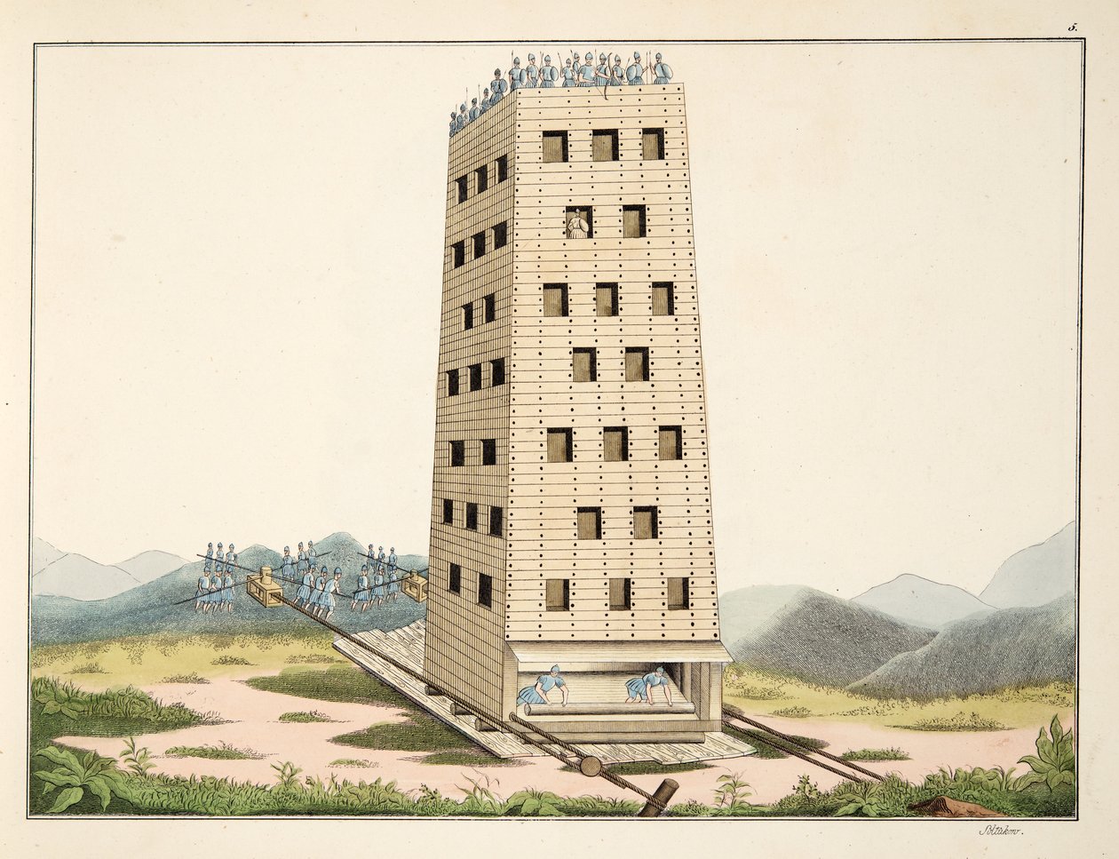 Siirrettävä torni, suunniteltu Caesarin Namurin tornin mukaan, levy julkaisusta "A History of the Development and Customs of Chivalry", kirjoittanut tohtori Franz Kottenkamp, julkaissut Carl Hoffmann, 1842 tekijältä Friedrich Martin von Reibisch