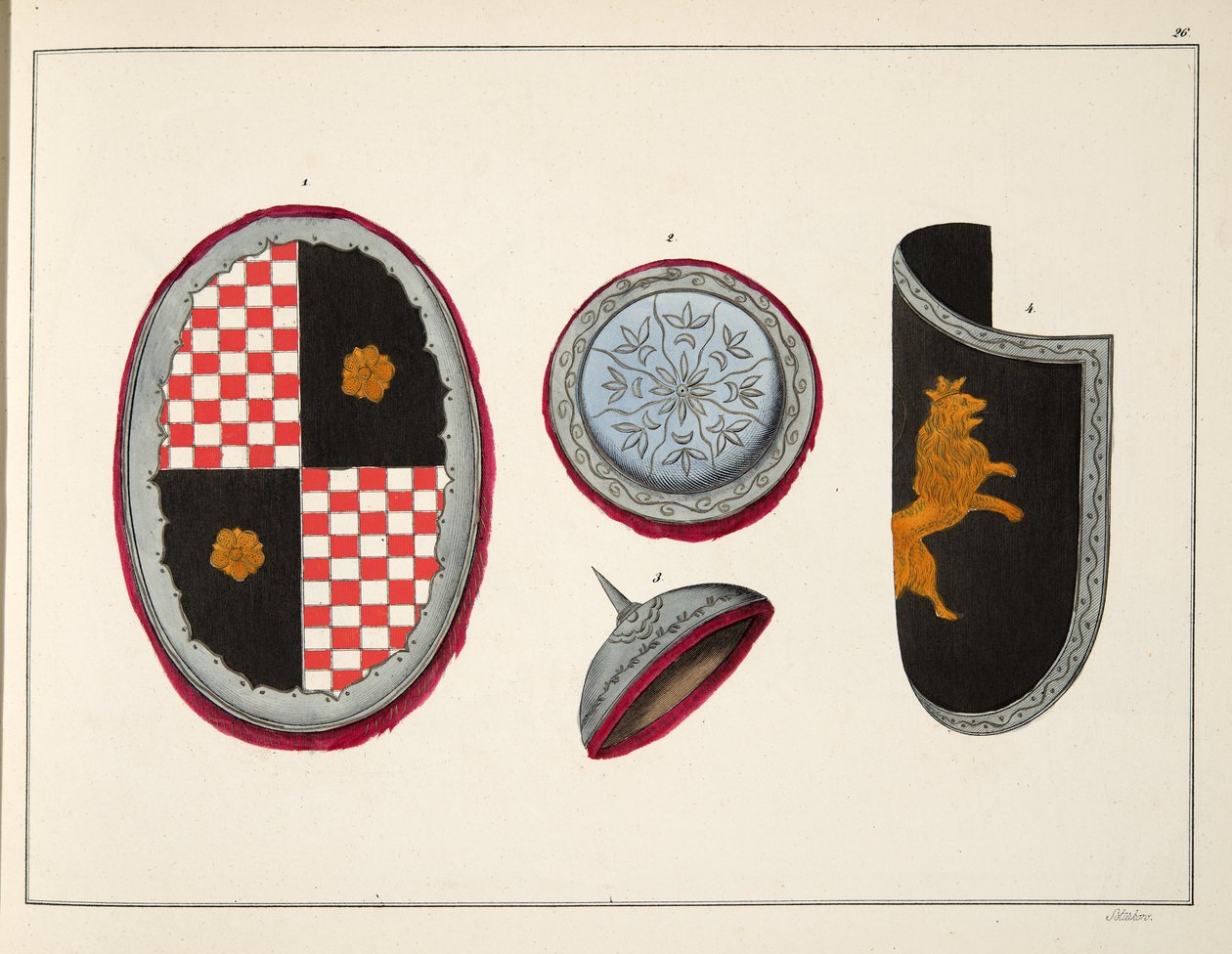 Shields, levy julkaisusta "A History of the Development and Customs of Chivalry", kirjoittanut tohtori Franz Kottenkamp, julkaissut Carl Hoffmann, 1842 tekijältä Friedrich Martin von Reibisch