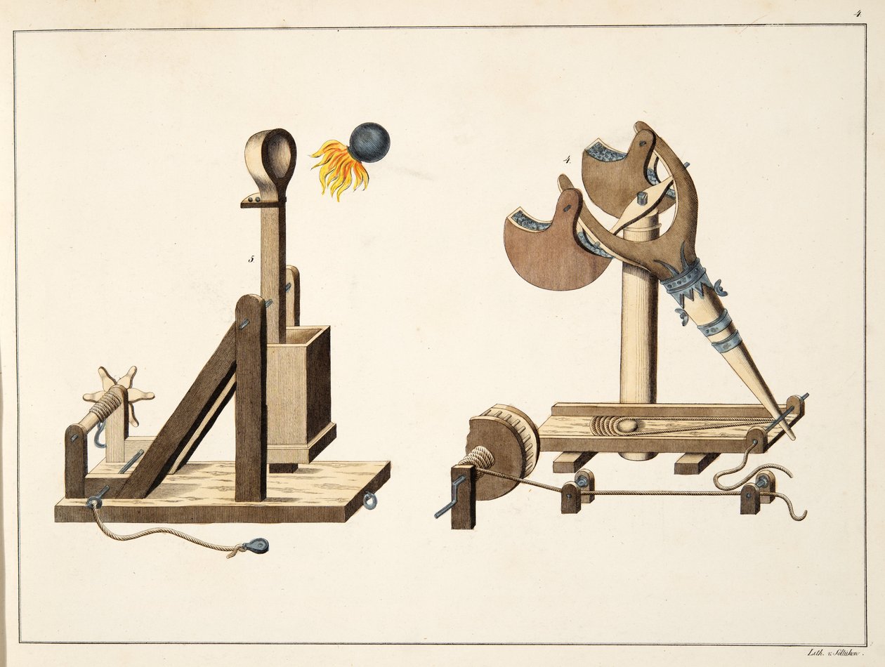 Hihna "kreikkalaisella tulella", lautanen tohtori Franz Kottenkampin teoksesta "A History of the Development and Customs of Chivalry", julkaisija Carl Hoffmann, 1842 tekijältä Friedrich Martin von Reibisch