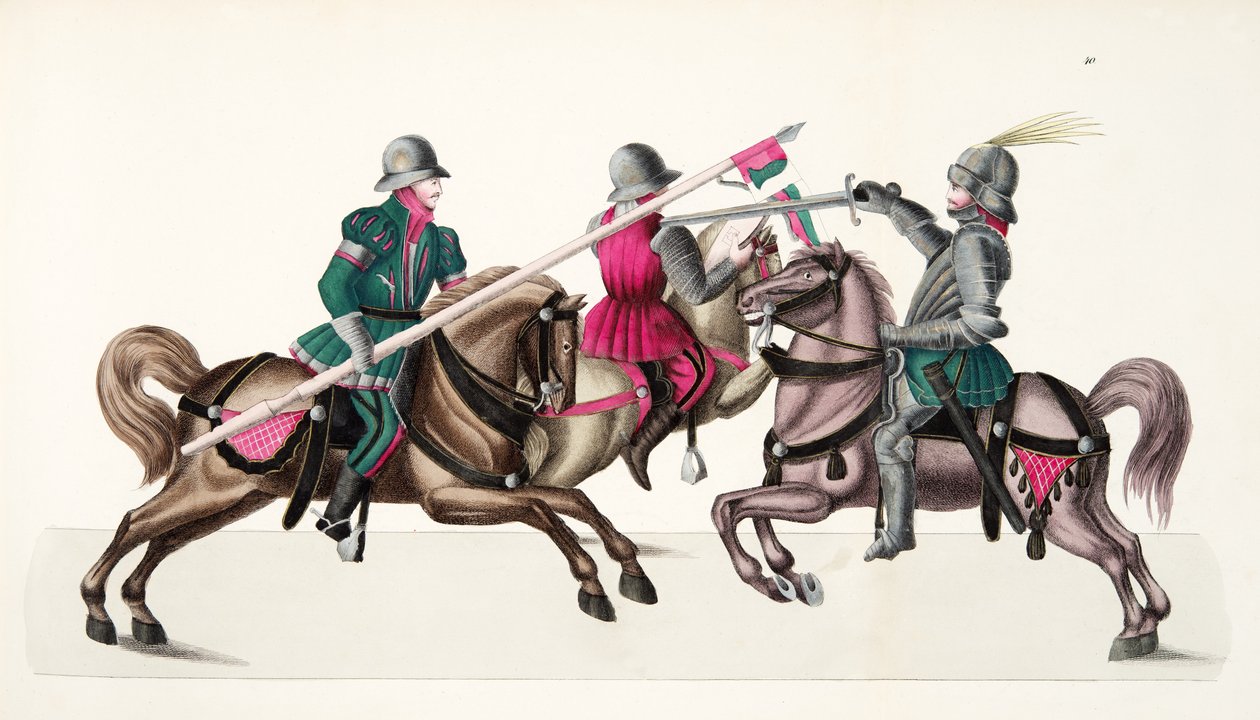 Kolme ritaria turnauksessa, lautanen tohtori Franz Kottenkampin kirjasta "A History of the Development and Customs of Chivalry", julkaisija Carl Hoffmann, 1842 tekijältä Friedrich Martin von Reibisch