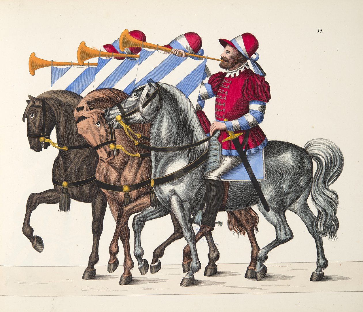 Kolme muusikkoa turnauksessa, levy julkaisusta A History of the Development and Customs of Chivalry, kirjoittanut tohtori Franz Kottenkamp, julkaissut Carl Hoffmann, 1842 tekijältä Friedrich Martin von Reibisch