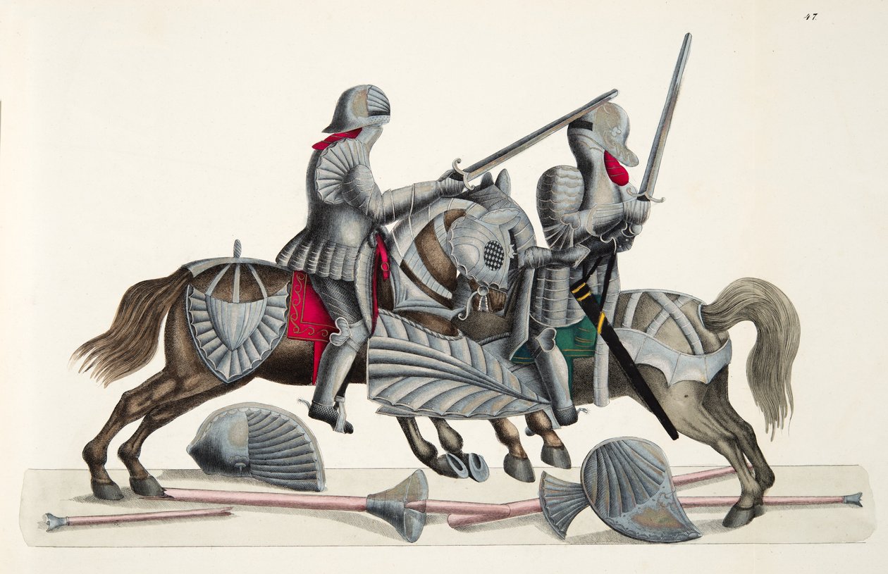 Kaksi ritaria turnajaisissa, kuva teoksesta "A History of the Development and Customs of Chivalry", kirjoittanut tohtori Franz Kottenkamp, Carl Hoffmannin kustantama, 1842. tekijältä Friedrich Martin von Reibisch