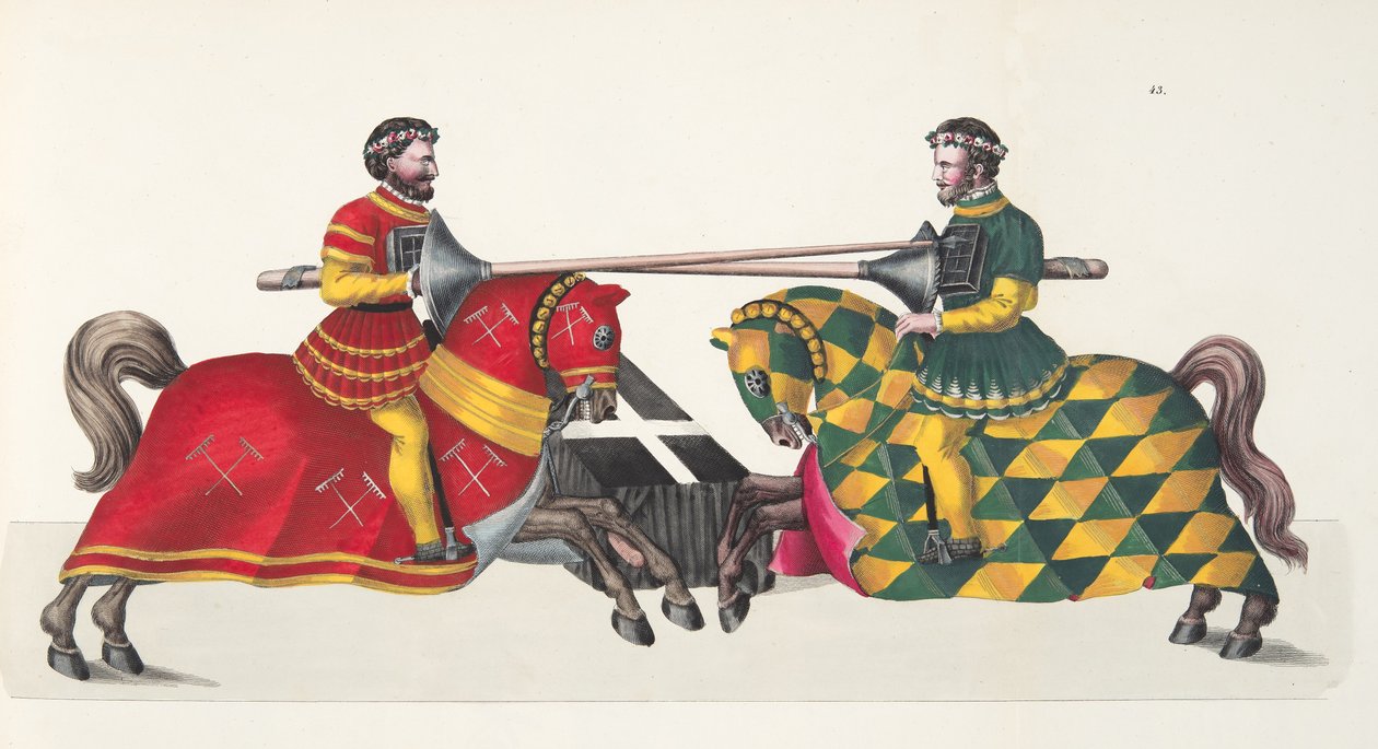 Kaksi ritaria turnauksessa, lautanen tohtori Franz Kottenkampin kirjasta "A History of the Development and Customs of Chivalry", julkaisija Carl Hoffmann, 1842 tekijältä Friedrich Martin von Reibisch