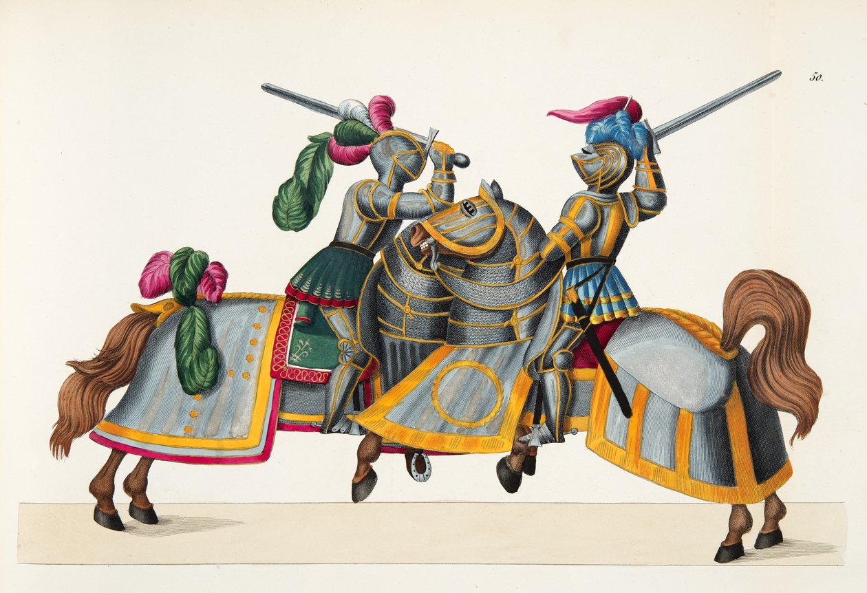 Kaksi ritaria turnauksessa, lautanen tohtori Franz Kottenkampin kirjasta "A History of the Development and Customs of Chivalry", julkaisija Carl Hoffmann, 1842 tekijältä Friedrich Martin von Reibisch