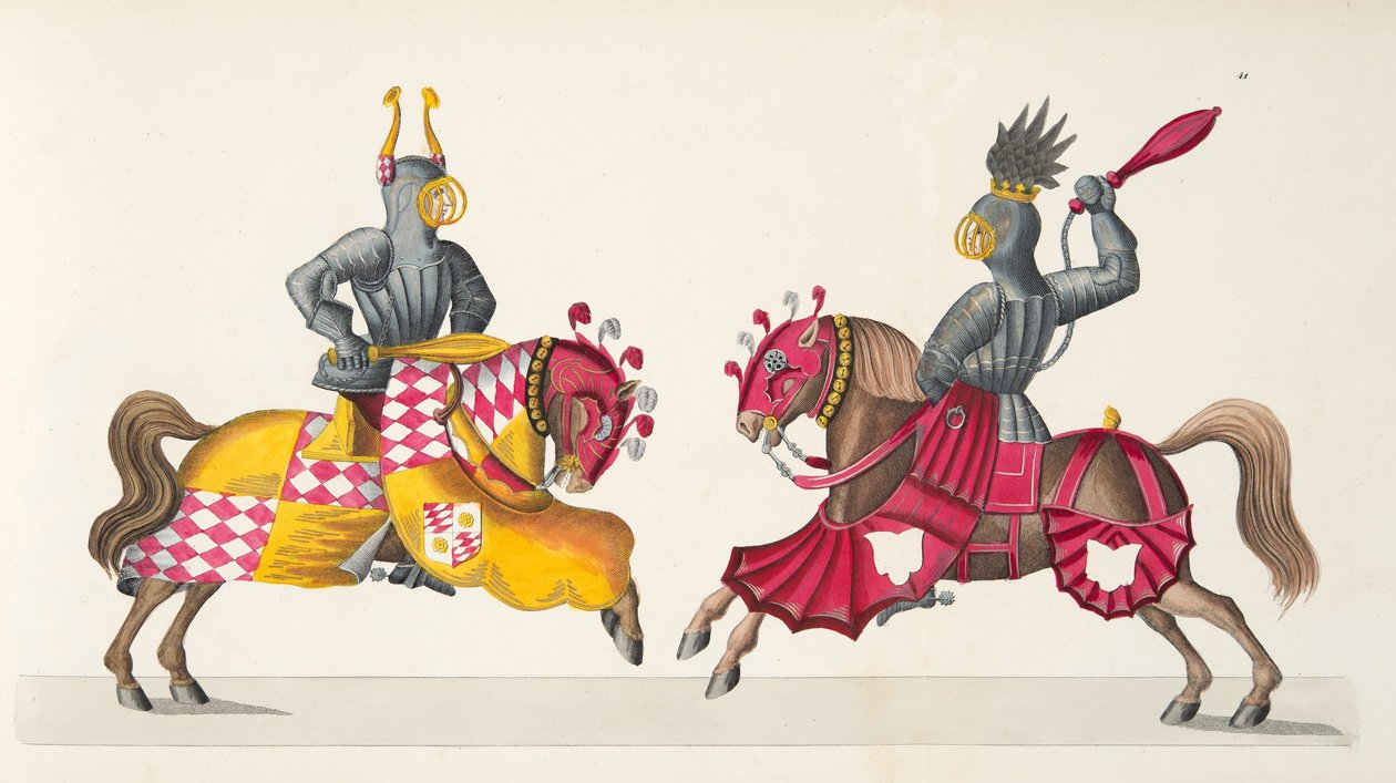 Kaksi ritaria turnauksessa, lautanen tohtori Franz Kottenkampin kirjasta "A History of the Development and Customs of Chivalry", julkaisija Carl Hoffmann, 1842 tekijältä Friedrich Martin von Reibisch