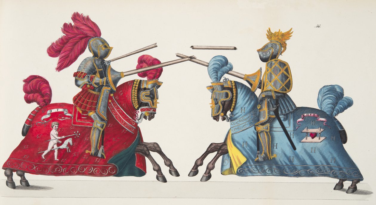 Kaksi ritaria turnauksessa, lautanen tohtori Franz Kottenkampin kirjasta "A History of the Development and Customs of Chivalry", julkaisija Carl Hoffmann, 1842 tekijältä Friedrich Martin von Reibisch