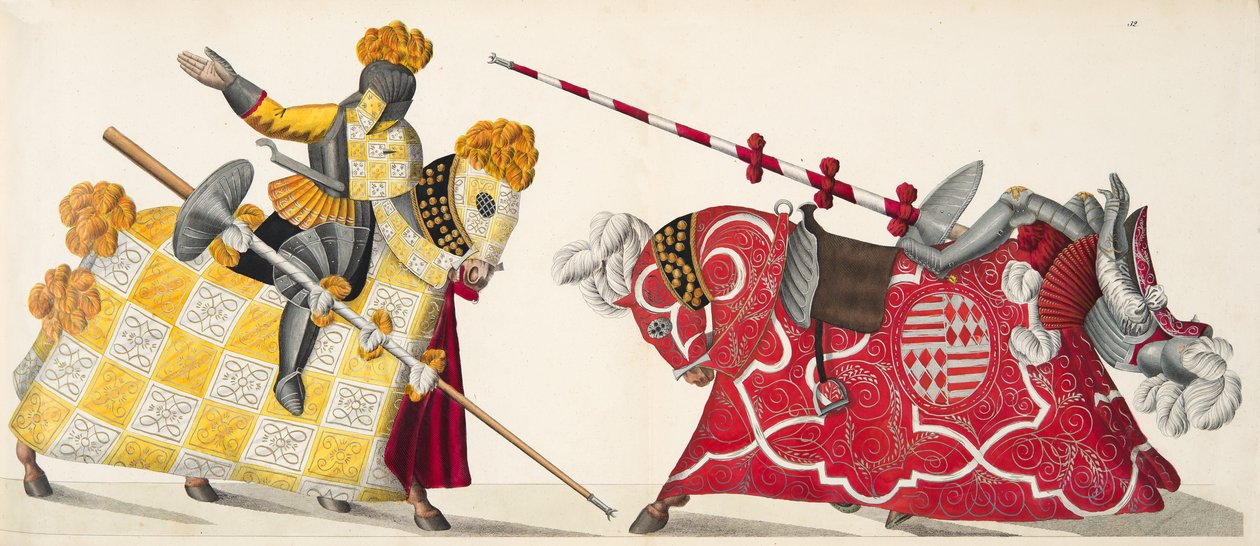 Kaksi ritaria turnauksessa, lautanen tohtori Franz Kottenkampin kirjasta "A History of the Development and Customs of Chivalry", julkaisija Carl Hoffmann, 1842 tekijältä Friedrich Martin von Reibisch