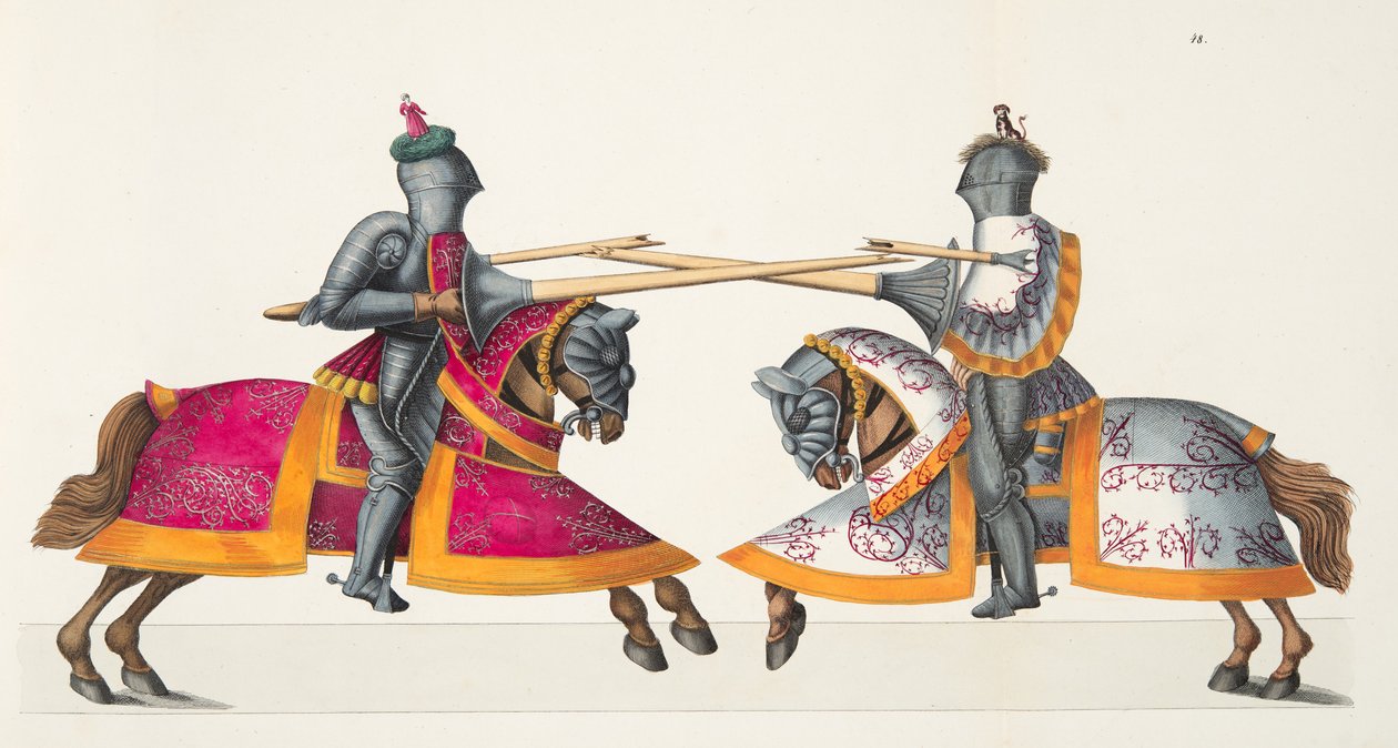 Kaksi ritaria turnauksessa, lautanen tohtori Franz Kottenkampin kirjasta "A History of the Development and Customs of Chivalry", julkaisija Carl Hoffmann, 1842 tekijältä Friedrich Martin von Reibisch