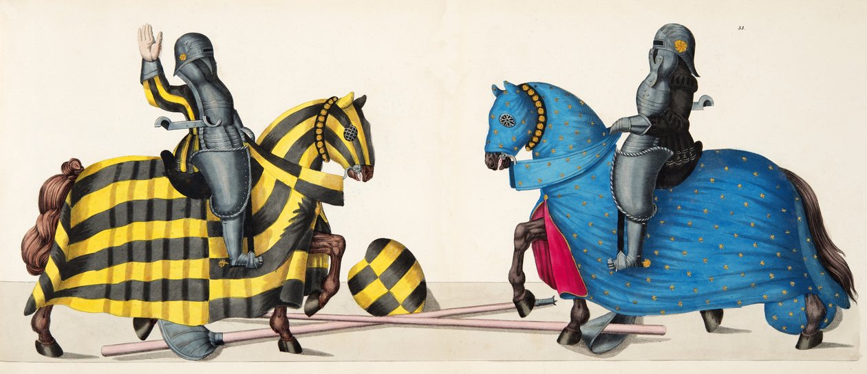 Kaksi ritaria turnauksessa, lautanen tohtori Franz Kottenkampin kirjasta "A History of the Development and Customs of Chivalry", julkaisija Carl Hoffmann, 1842 tekijältä Friedrich Martin von Reibisch