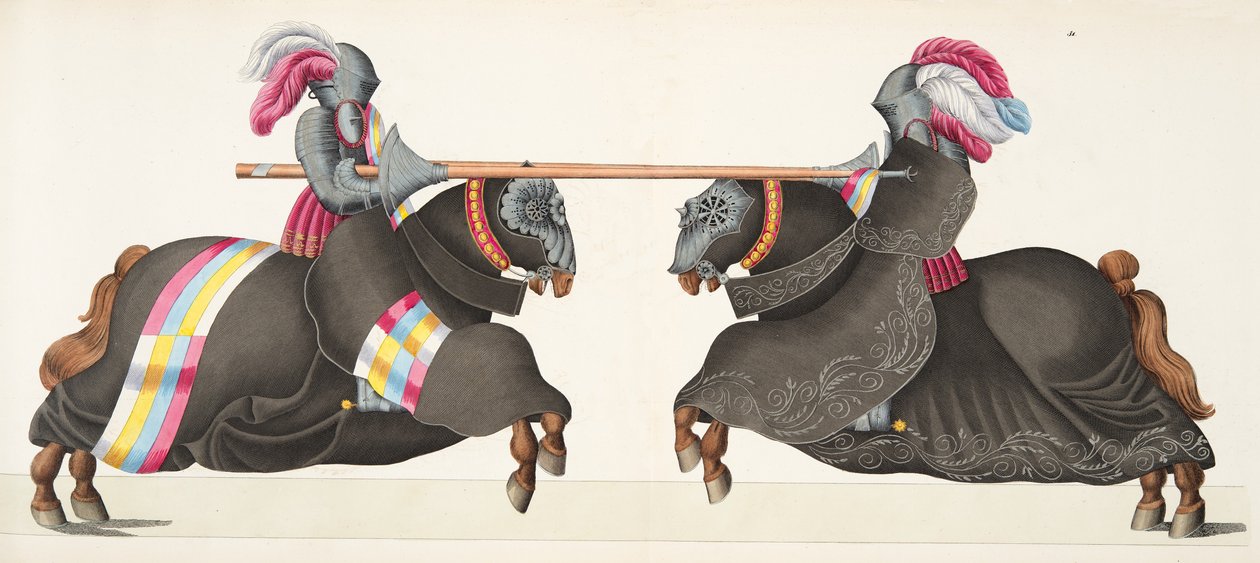 Kaksi ritaria turnauksessa, lautanen tohtori Franz Kottenkampin kirjasta "A History of the Development and Customs of Chivalry", julkaisija Carl Hoffmann, 1842 tekijältä Friedrich Martin von Reibisch