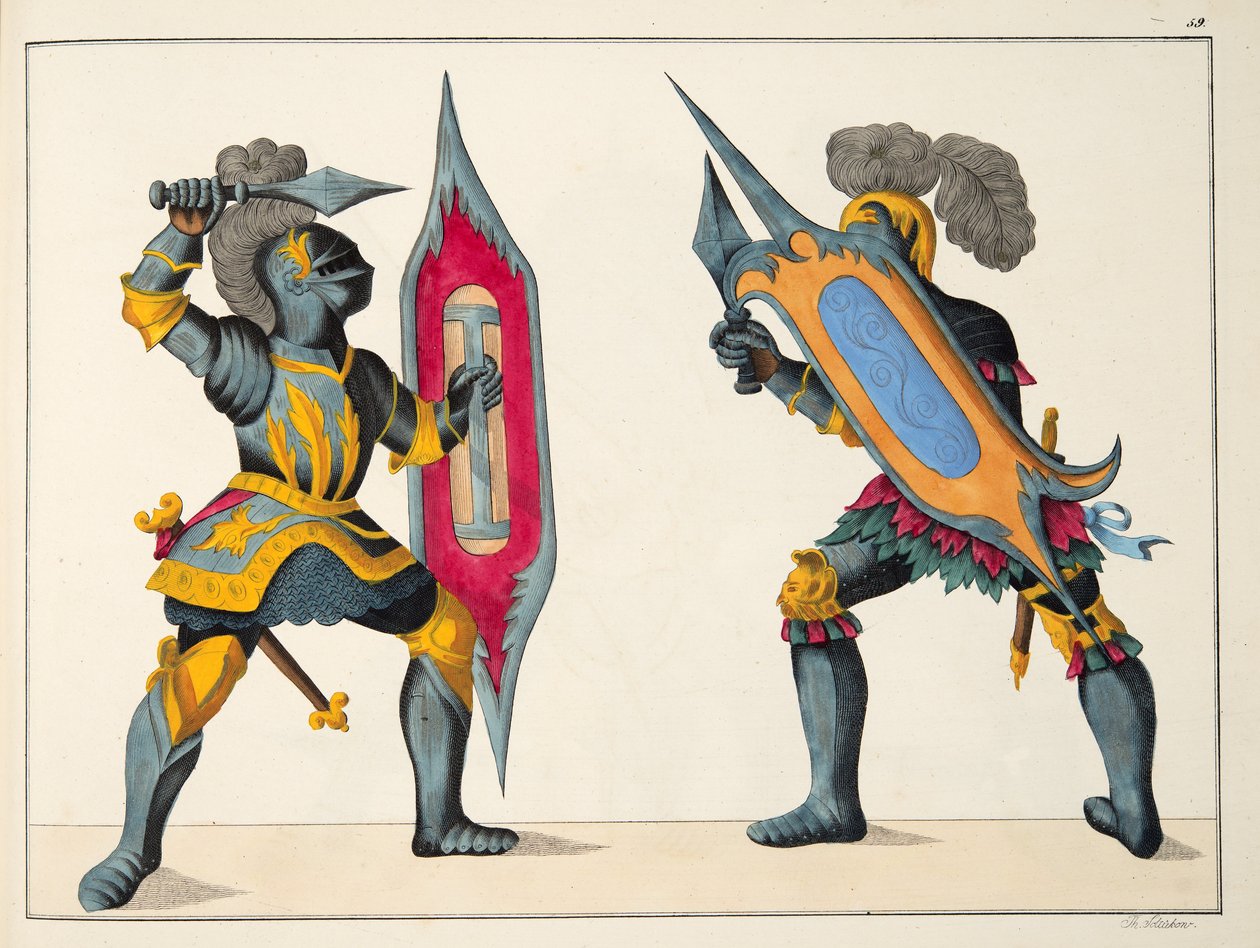 Kaksi ritaria taistelevat, lautanen tohtori Franz Kottenkampin "Ritarikunnan kehityksen ja tapojen historiasta", julkaisija Carl Hoffmann, 1842 tekijältä Friedrich Martin von Reibisch