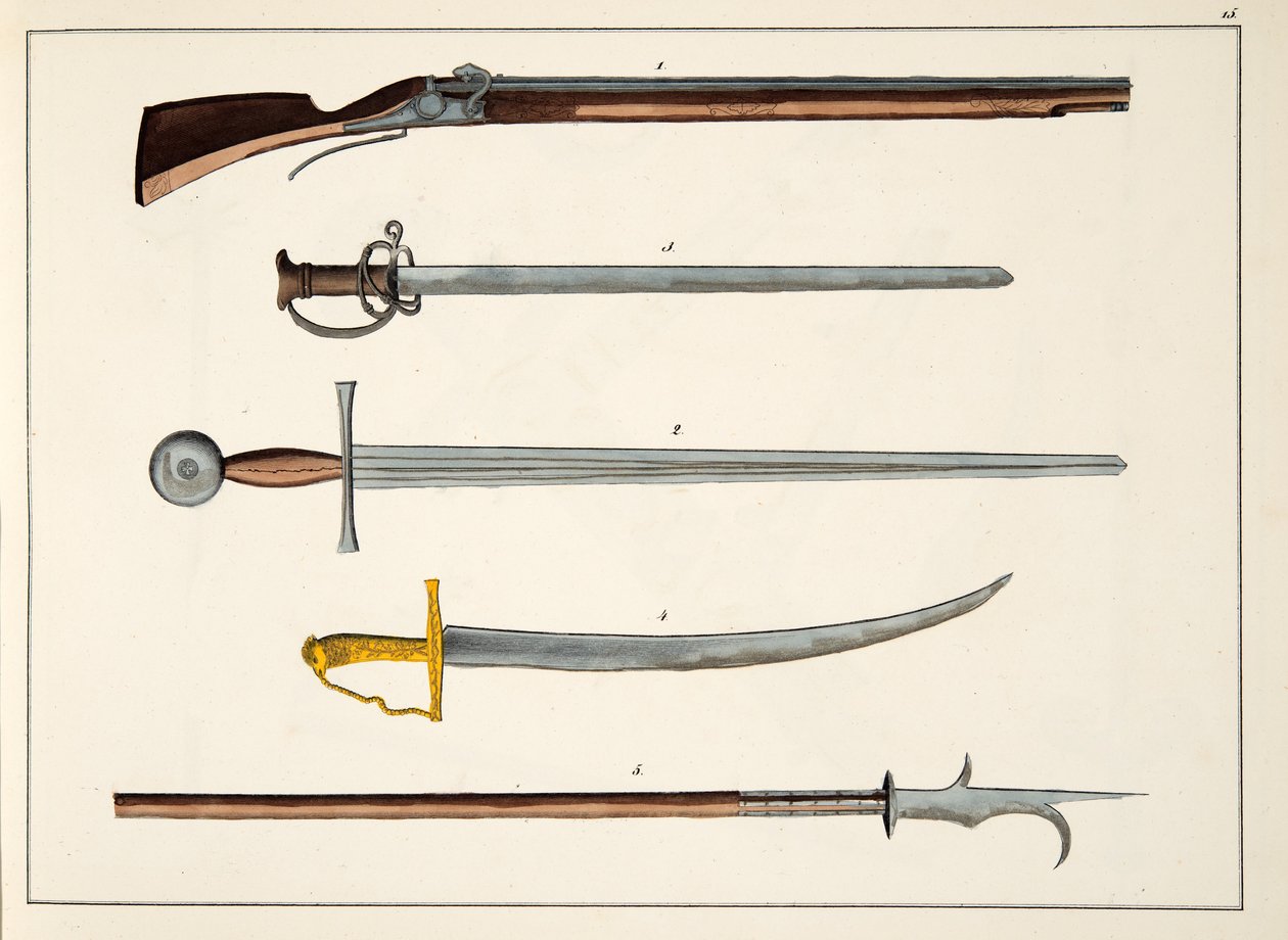 Aseet, mukaan lukien miekat ja keihäät, n. 1400, levy julkaisusta A History of the Development and Customs of Chivalry, kirjoittanut tohtori Franz Kottenkamp, julkaissut Carl Hoffmann, 1842 tekijältä Friedrich Martin von Reibisch