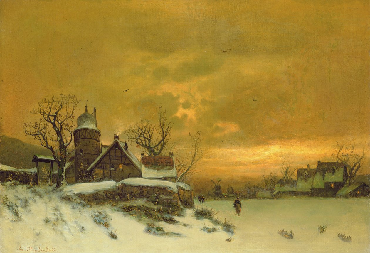 Talvimaisema ja näkymä rakennuksiin illalla tekijältä Friedrich Nicolai Joseph Heydendahl