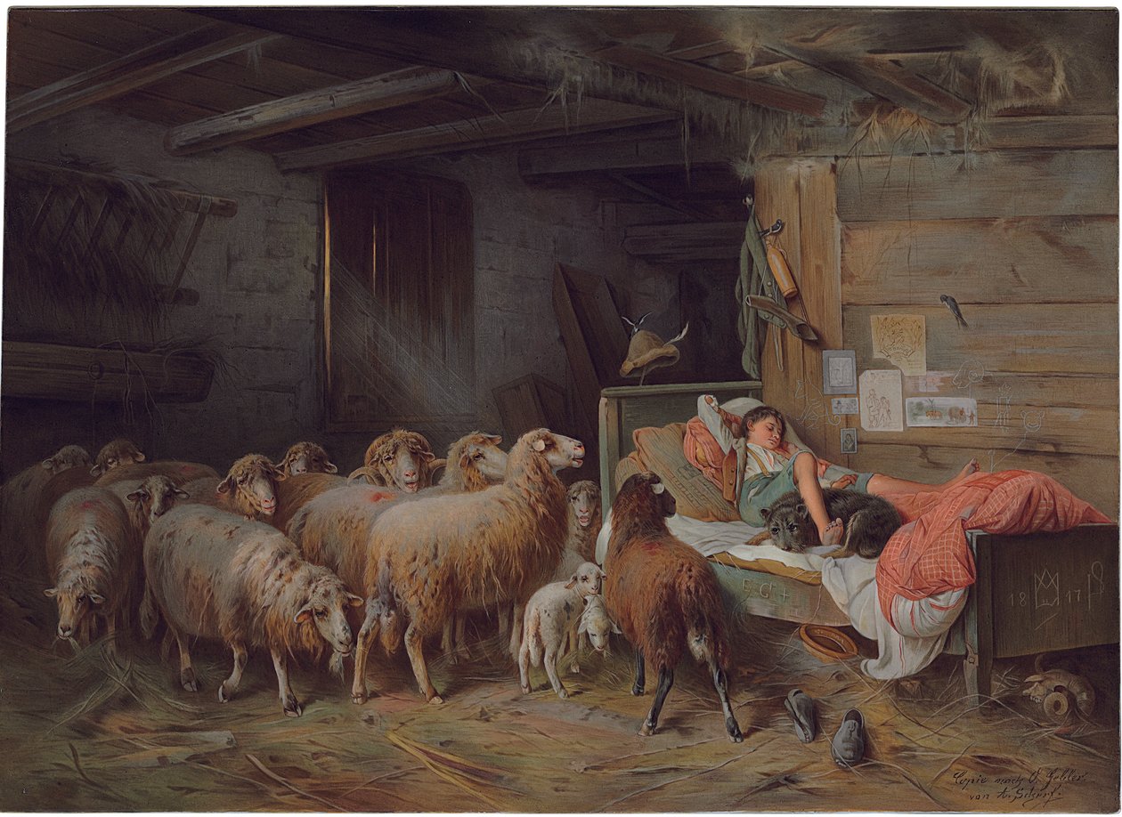 Kiltti, joka kuvaa paimenta nukkumassa koiransa kanssa, valvomaton lauma hänen vierellään, 1800-luvun loppu - 1900-luvun alku tekijältä Friedrich Otto Gebler