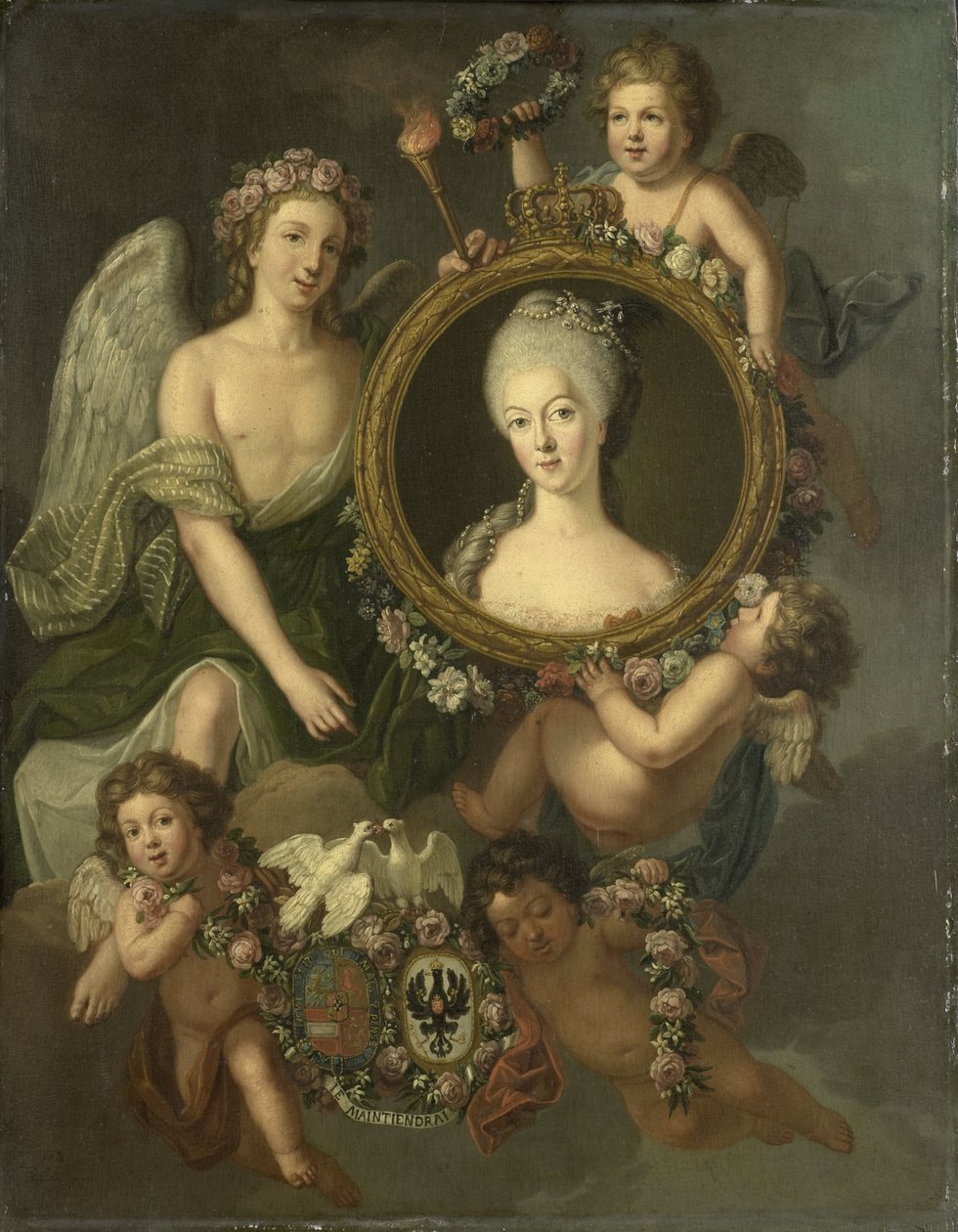 Preussilaisen Wilhelminan muotokuva medaljongissa, jossa viitataan hänen avioliittoon prinssi William V:n kanssa 4. lokakuuta 1767 Berliinissä (Frederika Sophia Wilhelmina) tekijältä Friedrich Reclam