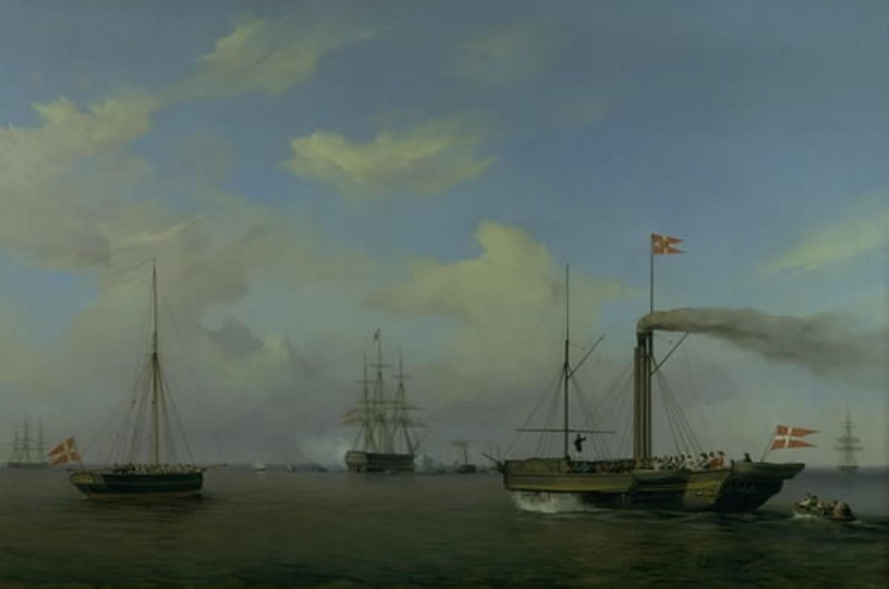 Tanskalainen laivue ankkurissa Warnemünde rhedissä. Heidän kuninkaalliset korkeutensa kruununprinssi ja kruununprinsessa saapuvat höyrylaivalla "Kiel" laivueelle, ja sotalaiva "Christian the Eighth" alkaa tervehtiä tekijältä Friedrich Theodore Kloss