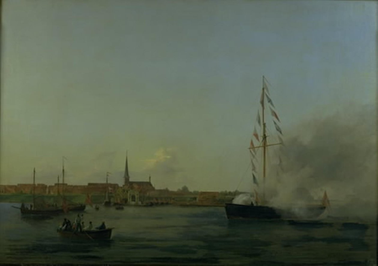 Nyborgin satama. Etualalla leikkuri "Neptune" tekijältä Friedrich Theodore Kloss