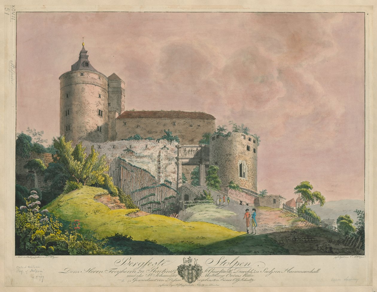 Bergfeste Stolpen, n.1800 (värikaiverrus) tekijältä Friedrich or Johann Friedrich Wizani