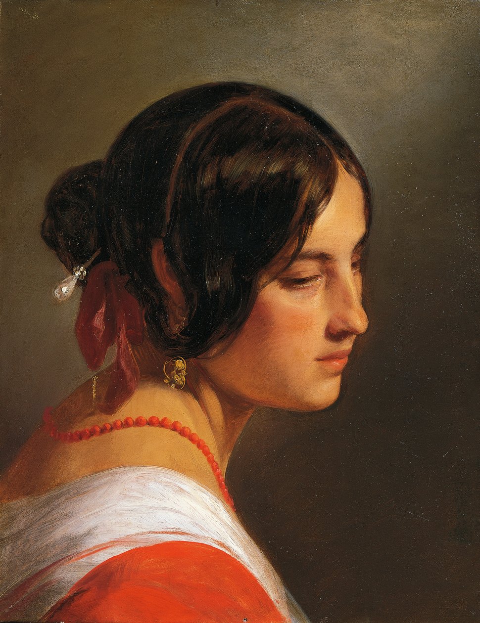 Friedrich von Amerlingin (1803-1887) naisen pää, öljy kankaalle, 47x37 cm tekijältä Friedrich von Amerling
