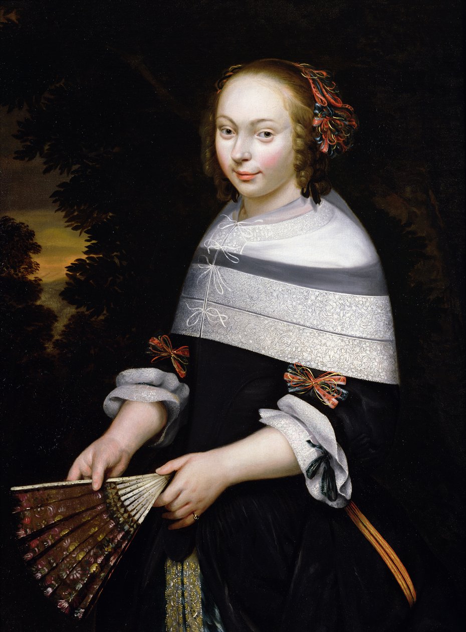 Isang larawan ng isang batang babae na may hawak na fan, isang landscape sa kabila, c.1650 finn tekijältä Friesian School