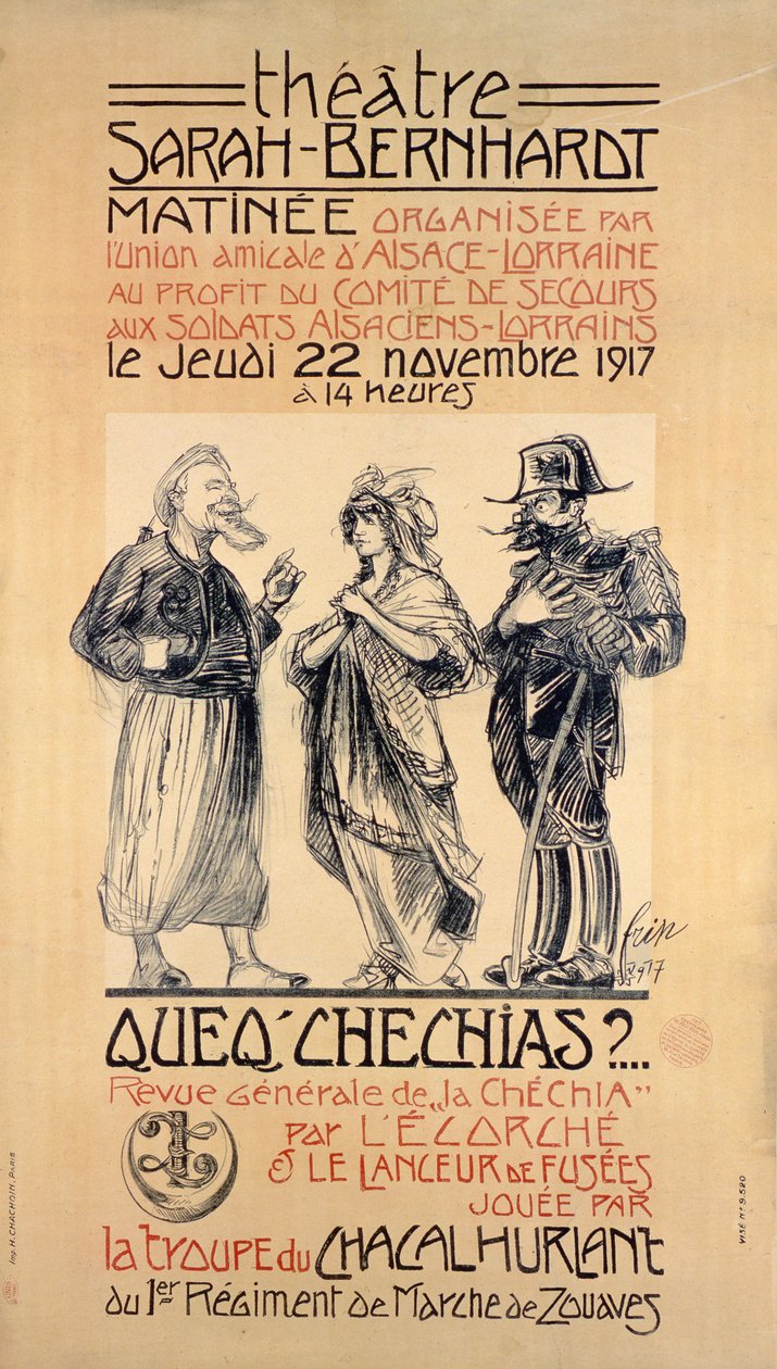Juliste, joka mainostaa Benefit Matinée -esitystä Sarah Bernhardt -teatterissa Pariisissa auttamaan Alsace-Lorrainen sotilaita, 1917 tekijältä Frip