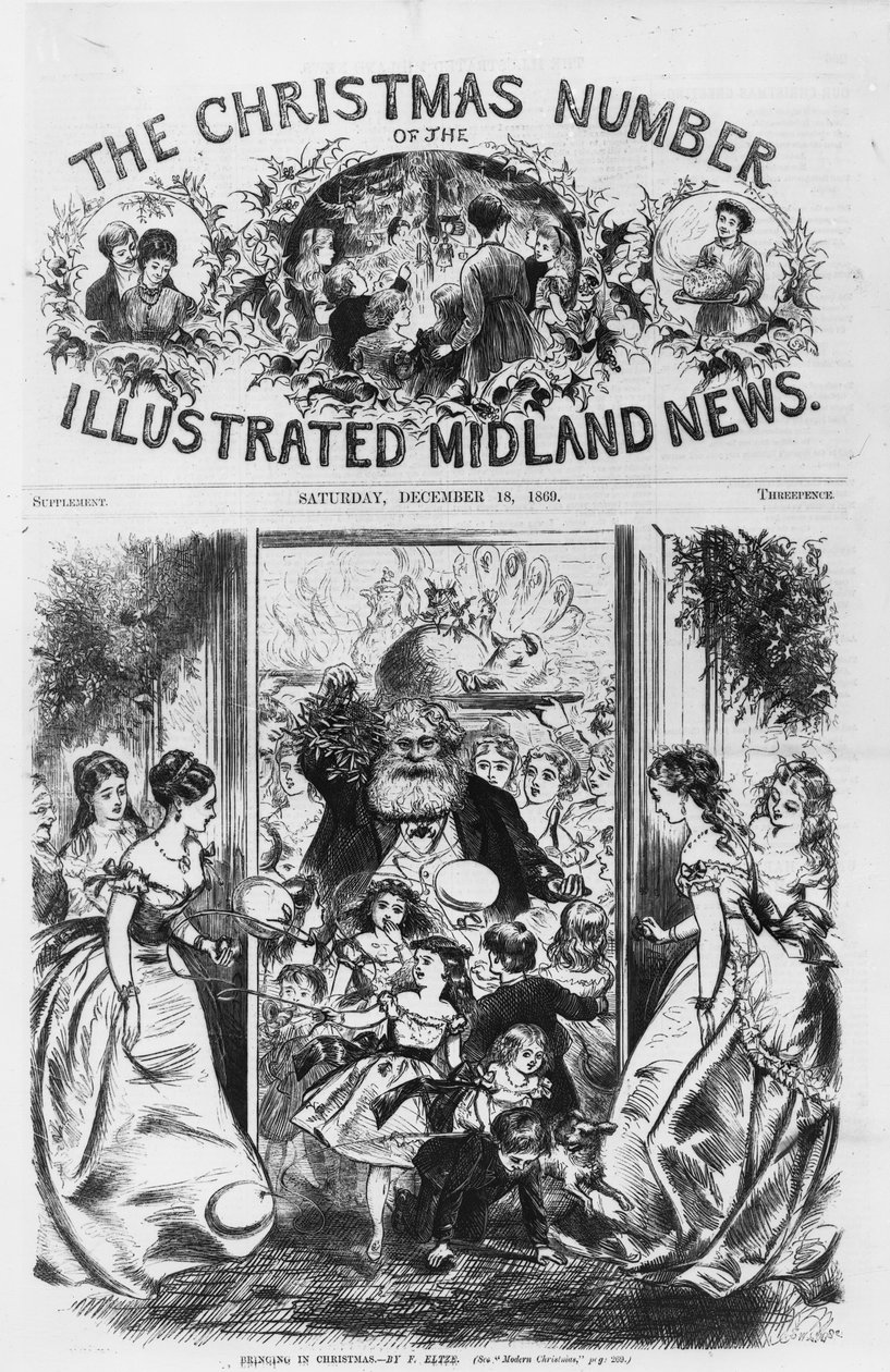 Joulun tuominen, Illustrated Midland News -lehden etukansi, 18. joulukuuta 1869 tekijältä Fritz Eltze
