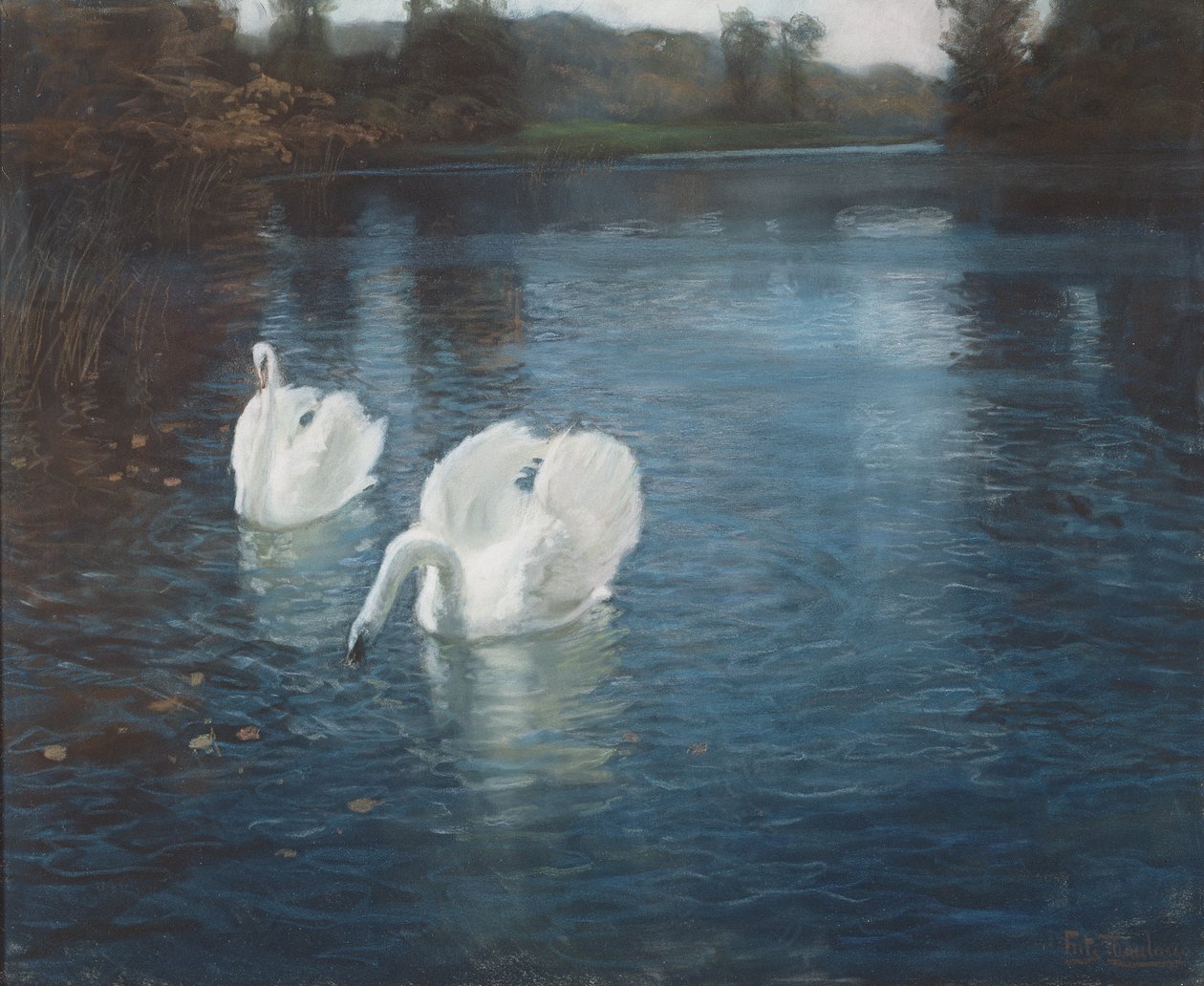 Joutsenet joella, n. 1880 (liitu paperille) tekijältä Frits Thaulow