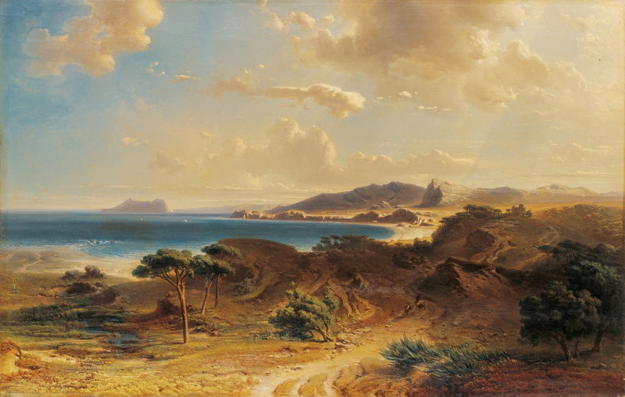 Esteponan ranta näköalalla Gibraltarin kalliolle - Bamberger, Fritz (Friedrich) (1814-1873) - 1855 - Öljy kankaalle - 73x112,7 - Museo Carmen Thyssen, Malaga tekijältä Fritz Bamberger