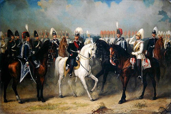 Hessen-Kasselin vaaliruhtinas Friedrich Wilhelm I upseeriensa kanssa paraatissa tekijältä Fritz Hummel