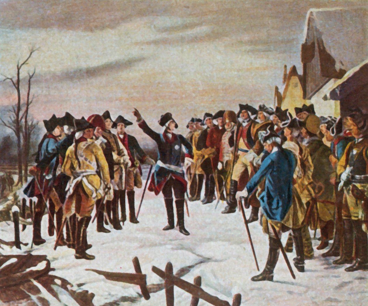 Fredrik Suuren puhe kenraaleilleen Leuthenin taistelua edeltävänä iltana 5. joulukuuta 1757 (tehostettu värilitografia). tekijältä Fritz Roeber