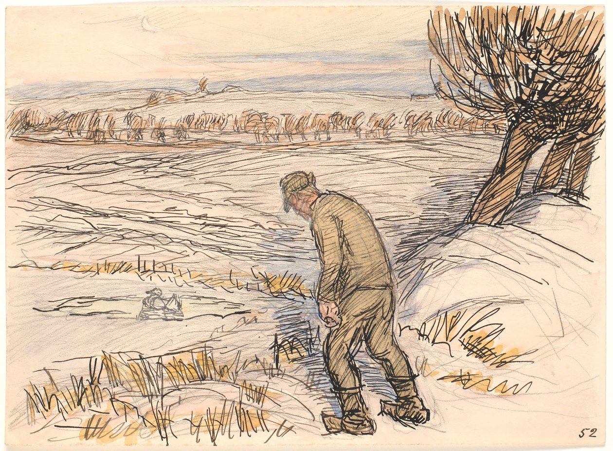 Maanviljelijä jäätyneen järven rannalla tekijältä Fritz Syberg