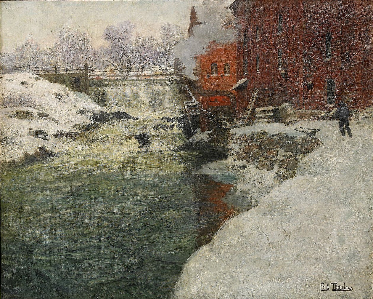 Kangastehdas Aker-joen varrella Kristiania, n. 1890 tekijältä Fritz Thaulov