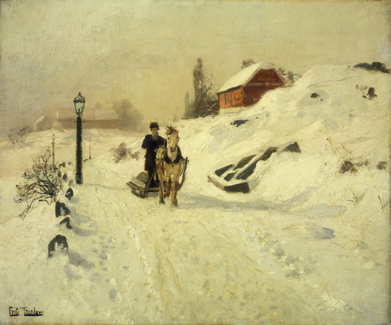 Hevosvetoinen reki talvimaisemassa tekijältä Frits Thaulow