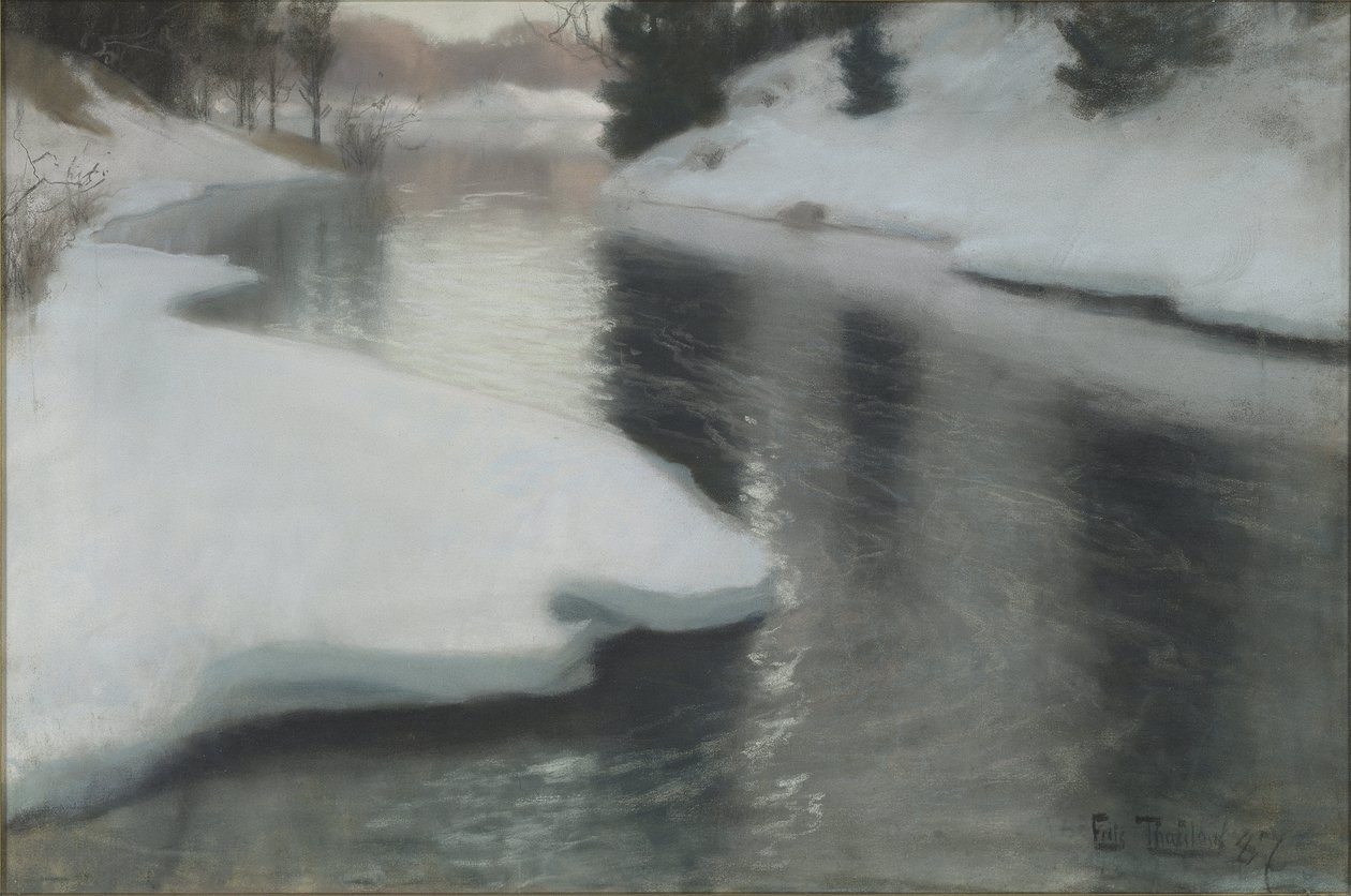 Kevätsula, kirjoittanut Thaulov, Fritz (1847-1906). Pastelli kankaalle tekijältä Frits Thaulow
